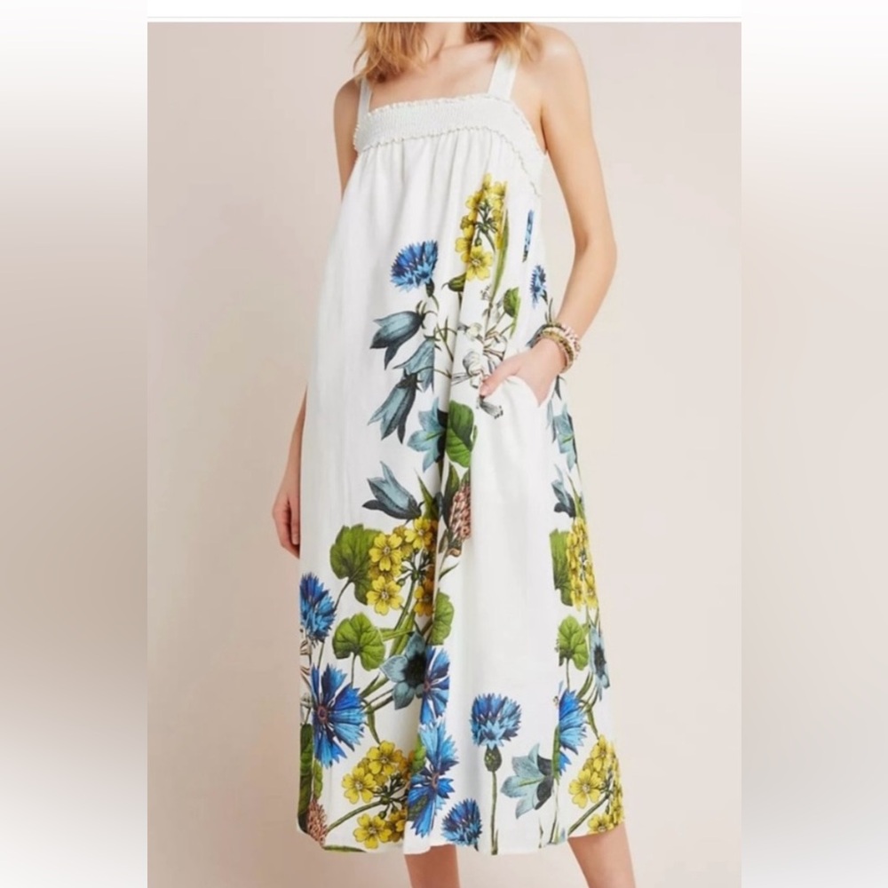 MAEVE Anthropologie botanical Maxi Dress with Blue and Yellow Floral, size small